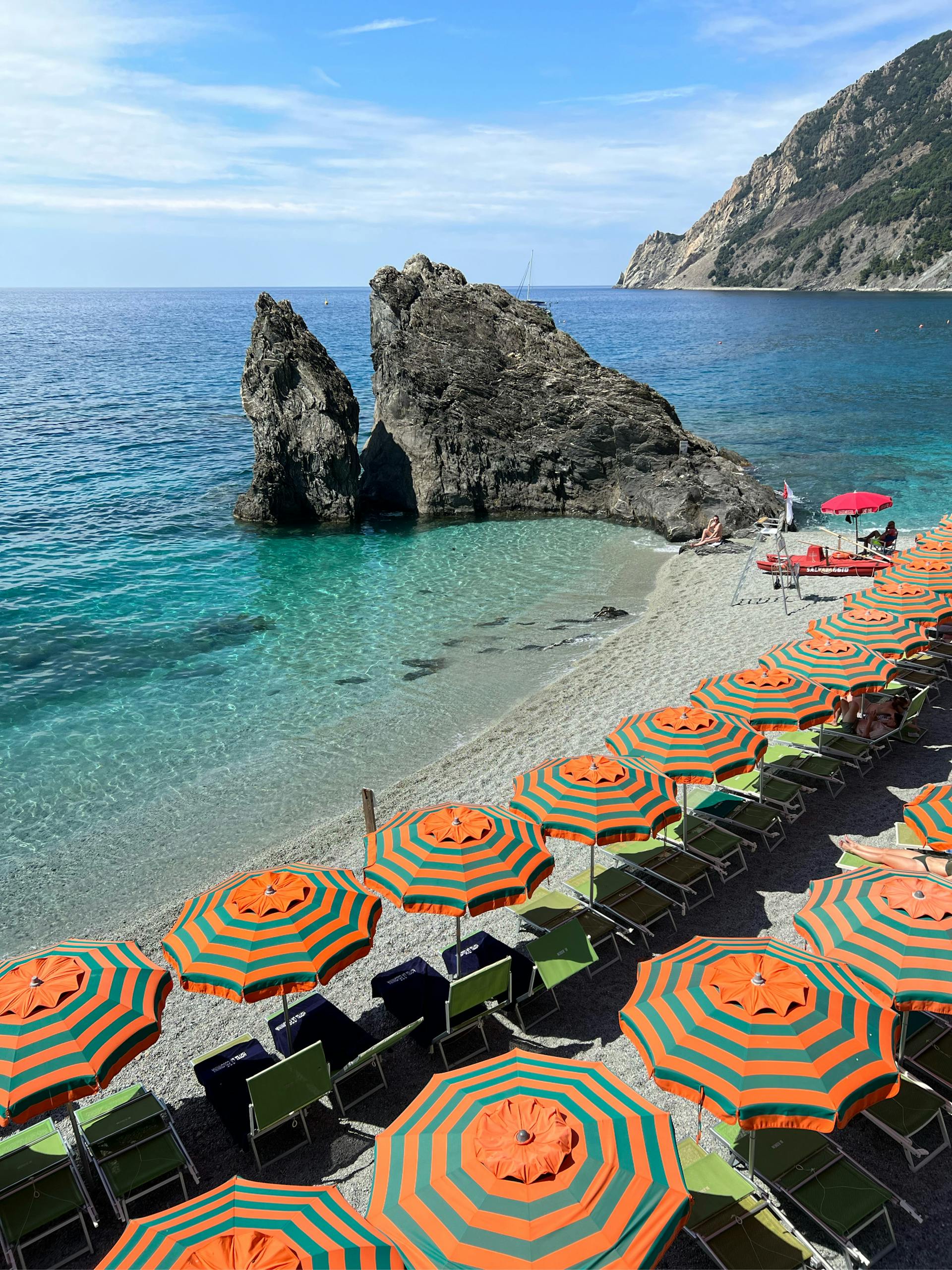 Colorful beach umbrellas on an Italian coast with rocky formations and turquoise sea.